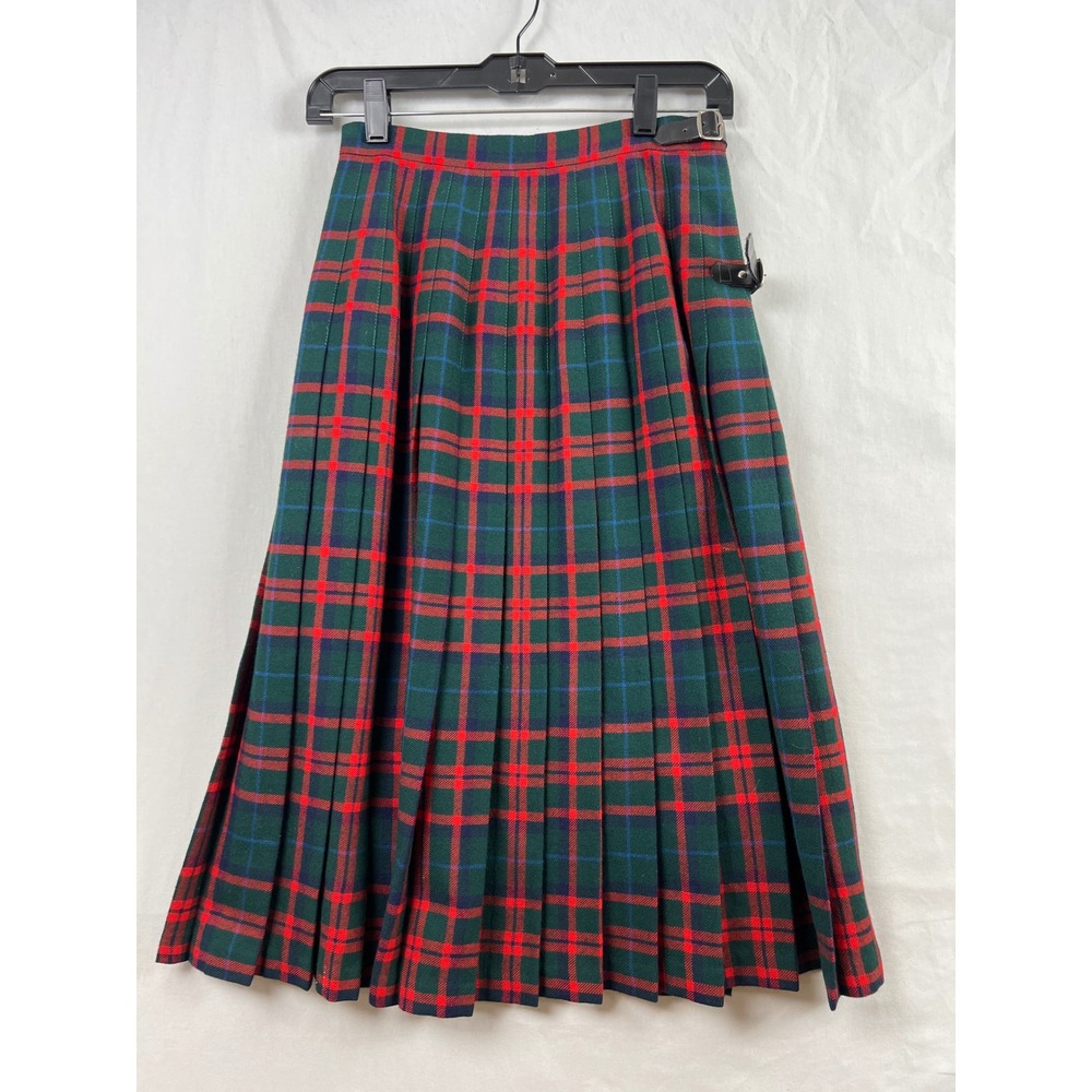 L.L. Bean Kilt Skirt Women 8 Petite Green Red Wool Tartan Plaid Made in Scotland